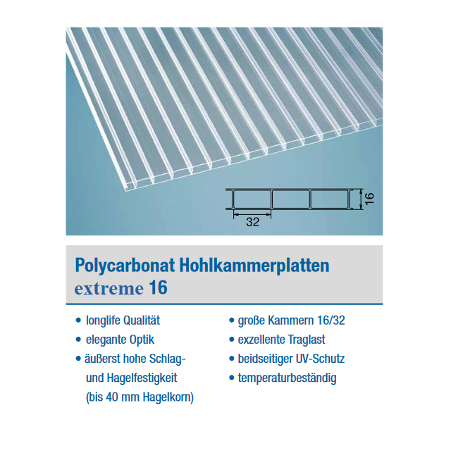 PC Hohlkammerplatten extreme 16mm **klar** "breite Kammer"
